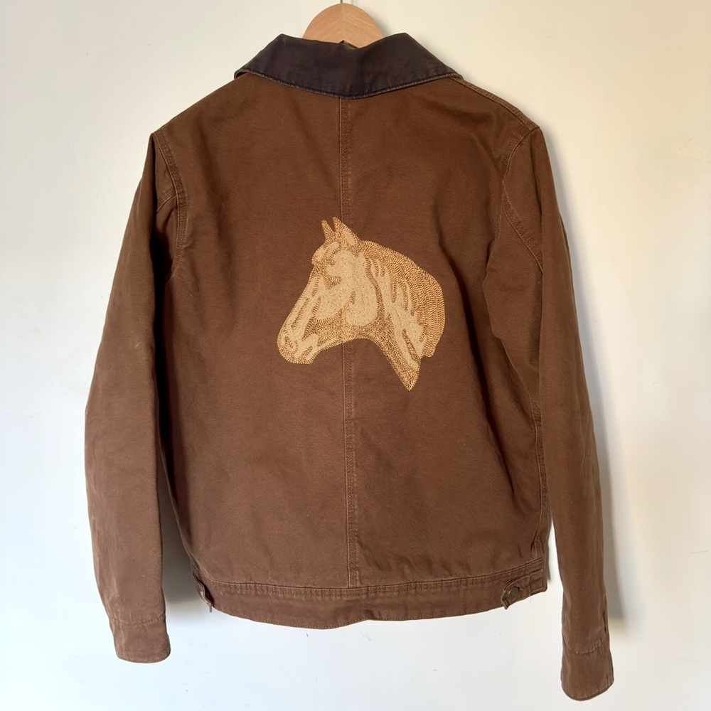 Custom chainstitch embroidered horseshoe and horse head chore jacket